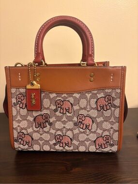 Rare Authentic NWT Coach Rogue 25 Textile Jacquard with Pink Elephant Embroidery